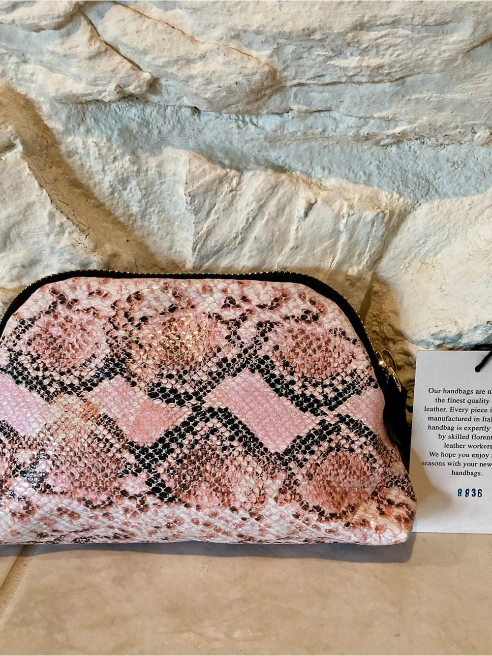 NWT Claudia Firenze pink, black, white leather snakeskin patterned makeup pouch